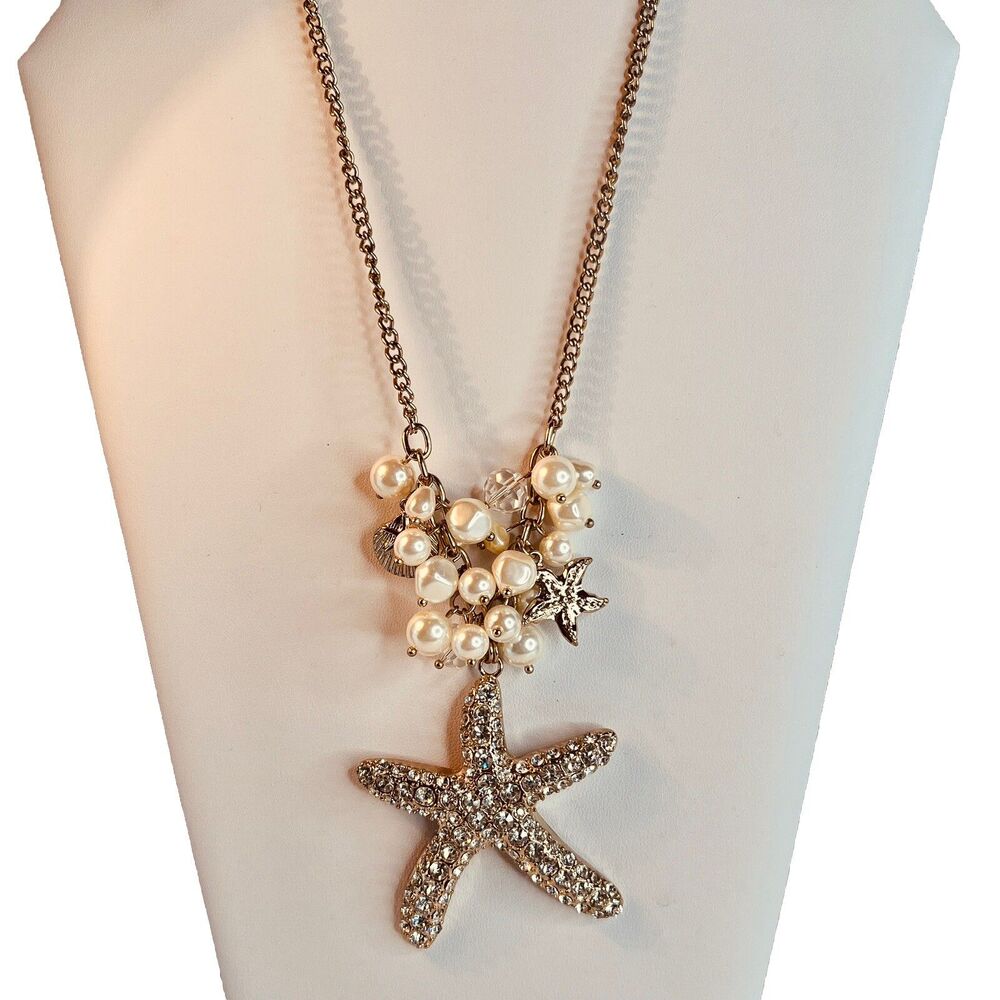 Faux Pearl And Rhinestone Starfish Necklace 16" Chain w Extension 2.5" Pendant